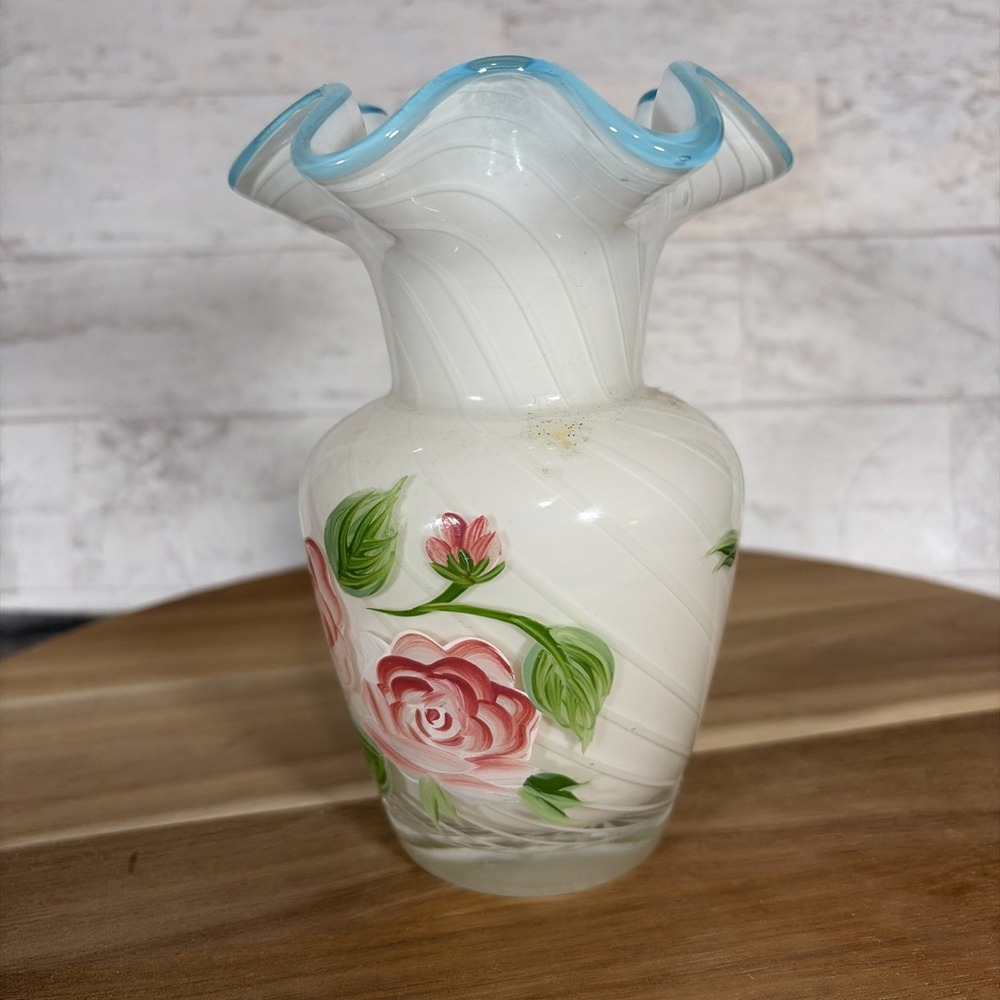 Fenton Hand Painted Floral White Opalescent Vase Ruffled Rim Preowned